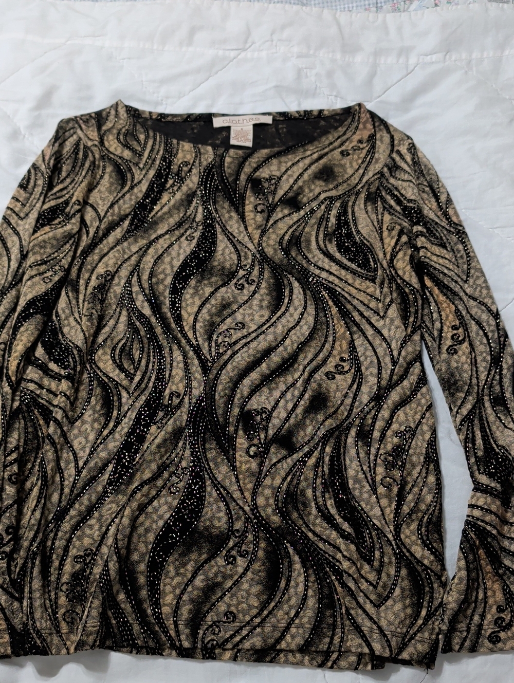 Chico's Black and Beige Swirl Sparkle Long Sleeve Top